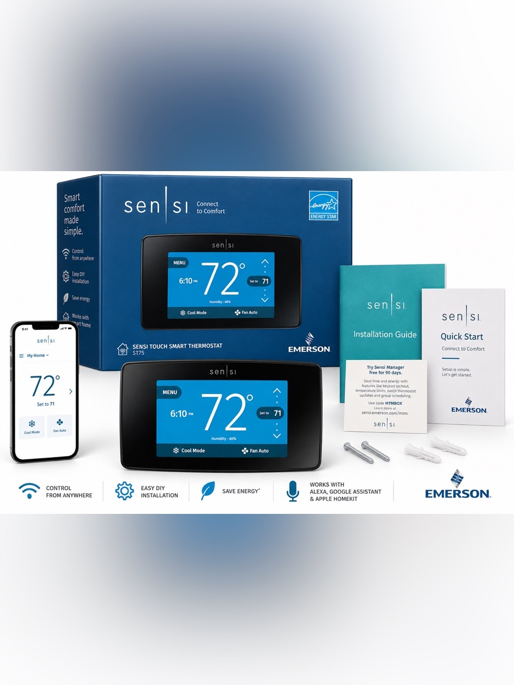 Emerson Sensi Touch Smart Thermostat ST75 WiFi Color Touchscreen Black